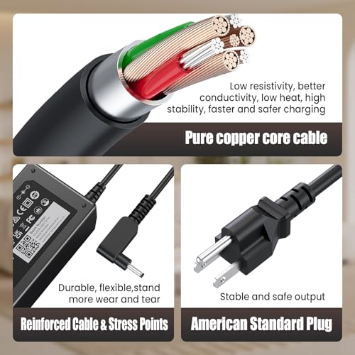VUOHOEG 65W Chromebook Charger Compatible with Acer C720 C740 CB3-431 CB3-532 CB5-571 C910, Spin 3/5, Switch Alpha 12, Aspire R13 R15 – 3.0x1.1mm Replacement with US Power Cord