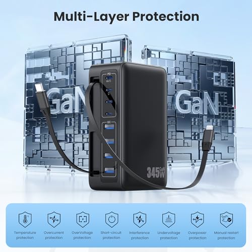 345W USB C Charger 10 in 1 Retractable Wall Charger with 2 Cables,GaN 6 USB C Charging Station Phone Charging PD Laptop Charger Adapter for MacBook Pro/Air,DELL,iPhone17/16/15,Galaxy S24,Android etc - color: Black, size: 345W