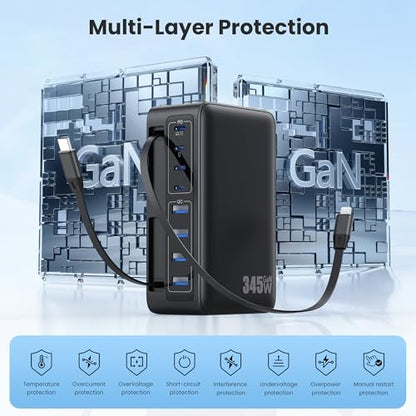 345W USB C Charger 10 in 1 Retractable Wall Charger with 2 Cables,GaN 6 USB C Charging Station Phone Charging PD Laptop Charger Adapter for MacBook Pro/Air,DELL,iPhone17/16/15,Galaxy S24,Android etc - color: Black, size: 345W