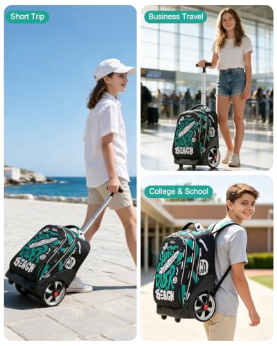 NEW TILAMI 19 Inch Rolling Backpack with Lunch Bag School Stair-Climbing | Stair-Climbing Teen Boys Girls Carry-on Suitcase Large Compartment 15.6 Laptop Sleeve Adjustable Handle Roller Travel Bag - color: Green Surf