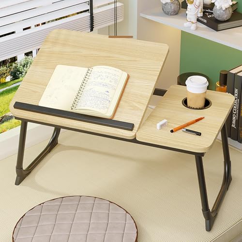 Laptop Desk for Bed with 5 Adjustable Angles | Lap Tray Table with Cup Holder, Portable Foldable Bed Desk for Eating, Working, Writing & Reading (Yellow) - color: Yellow