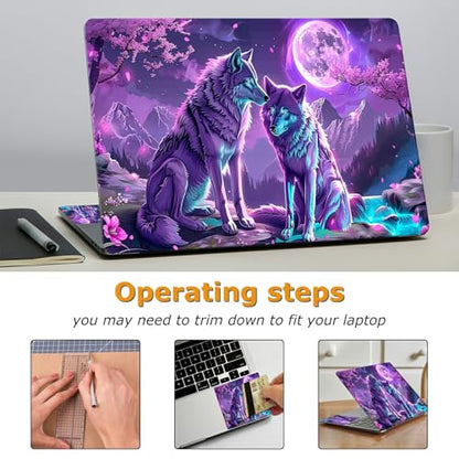 Universal Laptop Skin Sticker with 2 Wrist Pad Decals, 3-Piece Removable Vinyl Laptop Cover, Purple Moon Wolf Waterproof Anti-Scratch, Easy-Trim Fit for 13.3" 14" 15.6" Laptops - color: Purple Moon Wolf