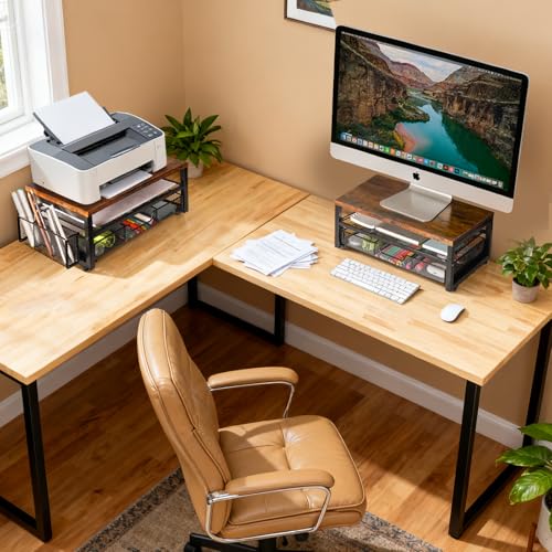 Monitor Riser with Drawers and Pen Holders | Wood & Mesh Metal Computer Monitor Stand with Storage for Desk, Rustic Brown