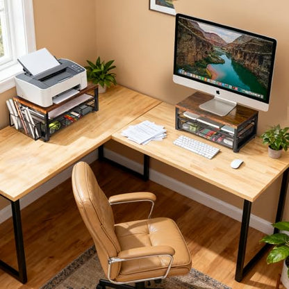 Monitor Riser with Drawers and Pen Holders | Wood & Mesh Metal Computer Monitor Stand with Storage for Desk, Rustic Brown