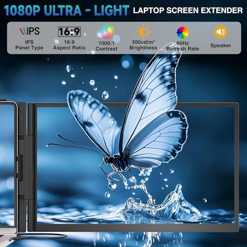 Laptop Screen Extender, 2025 Upgraded Ultra-Thin 14” FHD 1080P Portable Monitor, Lightweight Dual Laptop Monitor Extender for 13-17.3” Laptops, Plug n Play for Windows/Mac/Android