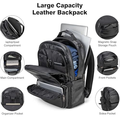 Tzowla Full Grain Genuine Leather Laptop Backpack for Men and Women,Business Work Travel Slim Daypack Fits 15.6 Inch Notebook/Computer-Black - color: W-black
