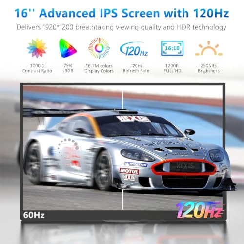 16 Inch 120Hz Portable Gaming Monitor FHD 1200P IPS, USB-C&HDMI, External Monitor for Laptop,Phones, Game Consoles, Ideal for Office,Travel & Dual-Screen Setup - size: 16inch