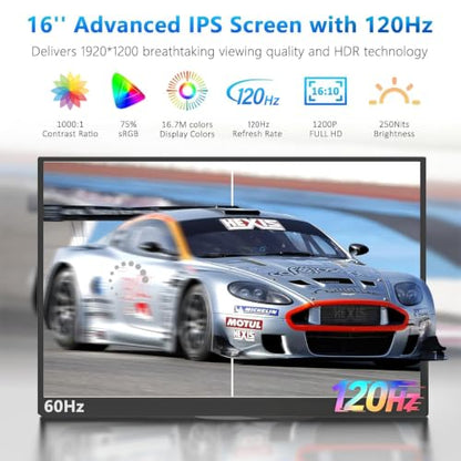 16 Inch 120Hz Portable Gaming Monitor FHD 1200P IPS, USB-C&HDMI, External Monitor for Laptop,Phones, Game Consoles, Ideal for Office,Travel & Dual-Screen Setup - size: 16inch