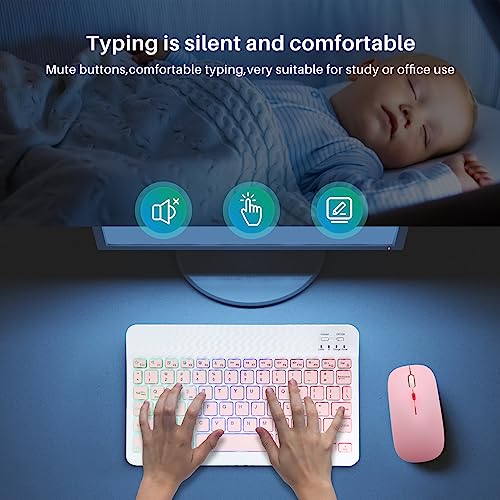 Bluetooth Keyboard and Mouse Combo for iPad - Rechargeable Wireless Keyboard & Mouse with 7-Color Backlit Compatible with iPad 9th/8th Gen, iPad Pro/Air/Mini, iPhone14/13/12 Pro,(10 inch Pink) - color: pink