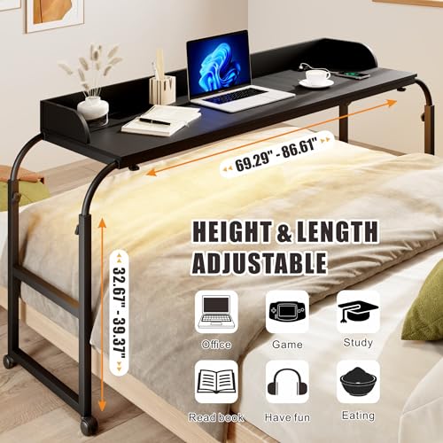 HWB Bed Table Desk with Wheels & Adjustable Height, LED Lights | Charging Station & AC Outlets, Over Bed Desk for King Size - color: Carbon Black