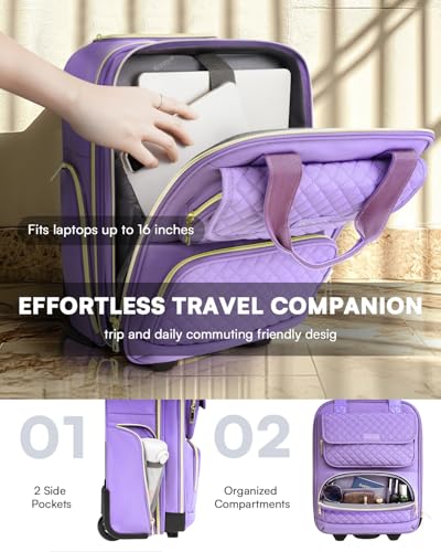 Underseat Carry On Luggage with Wheels, Airline Approved Personal Item Luggage, 16-Inch Multi-functional Underseat Luggage, Lightweight Overnight Suitcase for Women, Bussiness, Travel, Purple - color: Purple
