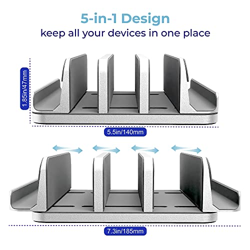 Adjustable Laptop Stand, 5 Slots, Aluminum Space-Saving, for Apple MacBook/Surface/Galaxy/Tablet/iPad/iPhone, Silver - color: Silver