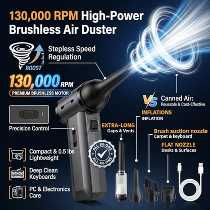 ODISTAR Compressed Air Duster - 130000 RPM Super Power Electric Air Duster, Rechargeable Cordless Air Blower with Stepless Speed Adjustable for Computer, Keyboard, Car, Home, Office