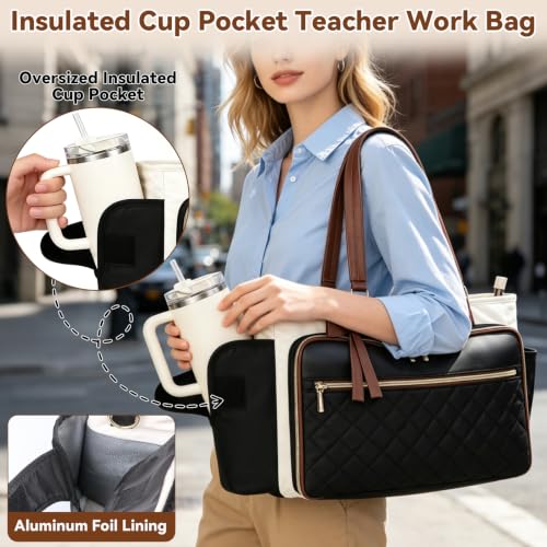 Veirdro Teacher Laptop Tote Bag for Women with Large Leakproof Cup Holder, Waterproof Work Tote Bags with Padded 15.6 in Laptop Compartment, Quilted Nurse Bag with Carrying Purse for Office, Black