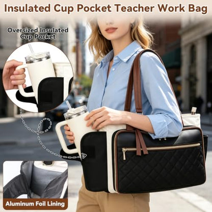 Veirdro Teacher Laptop Tote Bag for Women with Large Leakproof Cup Holder, Waterproof Work Tote Bags with Padded 15.6 in Laptop Compartment, Quilted Nurse Bag with Carrying Purse for Office, Black