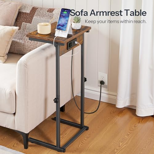 HOOBRO C-Shaped End Table with Charging Station, Adjustable Height Sofa Tray Side Table, Slide Under Couch Arm Table, Small C Side Table for Small Space in Living Room, Bedroom, Rustic Brown BF71USF01 - color: Rustic Brown + Black