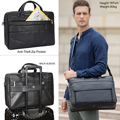 Masa Kawa Leather 15.6" & 17" Laptop Briefcase Men Business Messenger Bag | Full Grain Cowhide Business Travel Office Work Crossbody Shoulder Professional Attache Case for 2 Computers - color: Black-fits 17" Laptop