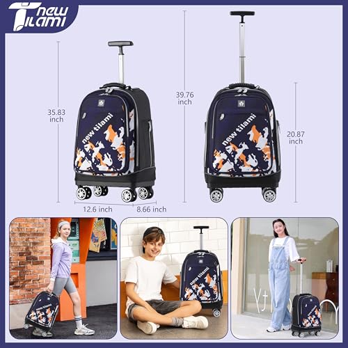 NEW TILAMI 19 Inch Rolling Backpack for School Travel with 4 Spinner Wheels | 360°rotating Universal Wheel, Large Organizer Compartments, Adjustable Handle, Carry on for School Students Business Travel - color: Orange Movie Fan Color
