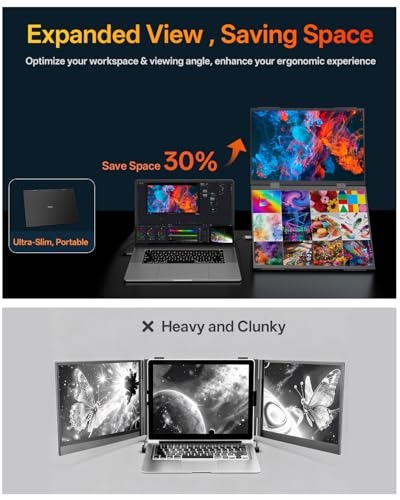 DEPGI 14" Dual Portable Laptop Screen Extender, Stacked Dual Portable Monitor for 13"-16" Laptops, Foldable Triple Screen with 30W PD Adapter, USB-C One-Cable Plug & Play for MacBook, Windows