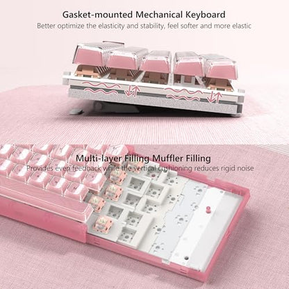 Womier 60% Percent Keyboard Pink Mechanical QMK/VIA Gaming Keyboard | Creamy Keyboard Topographic, Hot Swappable Gasket Mount RGB Wired Key board & Translucent Keycaps (VK66 PRO) - color: V-Pink1