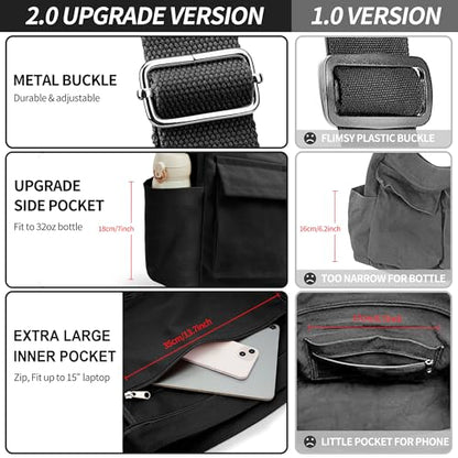 KALIDI Canvas Tote Bag Large Hobo Crossbody Shoulder Handbag Zipper Messenger Bag for Women or Men Casual College Work - color: Upgraded Black