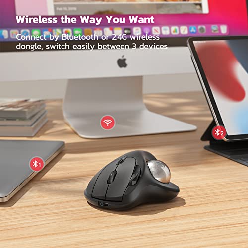 Nulea M501 Wireless Trackball Mouse Ergonomic Thumb Control, 4 DPI Levels | Rechargeable rollerball mouse with Bluetooth USB receiver,3 device use,smooth tracking,compatible with PC Mac Windows-Silver - color: G-Silver
