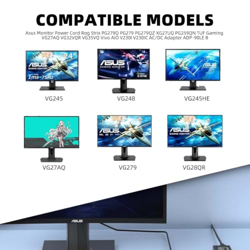 Replacement for 19V 3.42A 90W Charger Compatible Asus Monitor Power Cord Rog Strix PG279Q PG279 PG279QZ XG27UQ PG259QN TUF Gaming VG27AQ VG32VQR VG35VQ Vivo AiO V230I V230IC AC/DC Adapter ADP-90LE B