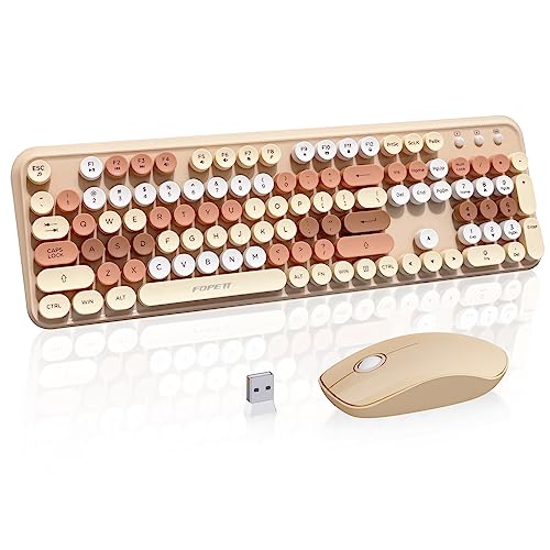 Beige Wireless Keyboard Mouse Combo,Bubble Colorful Keycaps,for PC Laptop | Cute Color Round Keys,Aesthetic Retro Typewriter Style,Clicky Sound,2.4GHz USB Receiver,Full Size with Number Pad for Desktop - color: Beige Wireless Keyboard Mouse