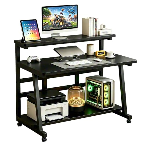 Rolling Computer Desk, 39.4 Inch Small Desks For Small Space, Portable Small Computer Desk with Monitor Stand & 3-Tier Storage, Portable Desk on Wheels for Writing, Home Office, Small Desk for Bedroom - color: Frame：black/Board：black, size: 39.4“*19.7''