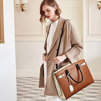 BOSTANTEN Genuine Leather Briefcase for Women 15.6'' Laptop Work Tote Bag | Laptop Compartment, Spacious Interior, Structured, Professional Style, Detachable Shoulder Strap, Office, Business, Commute - color: C-brown