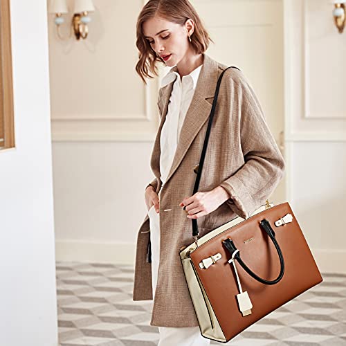 BOSTANTEN Genuine Leather Briefcase for Women 15.6'' Laptop Work Tote Bag | Laptop Compartment, Spacious Interior, Structured, Professional Style, Detachable Shoulder Strap, Office, Business, Commute - color: C-brown