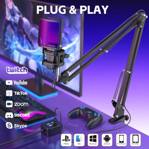 ZealSound Microphone for PC, USB Condenser Gaming Mic with Noise Reduction, Gain Control, Mute, Zero-Latency Monitoring, RGB Lighting, Boom Arm & Tripod Stand for Mac iPhone Android Podcasting TikTok