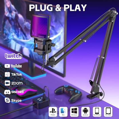 ZealSound Microphone for PC, USB Condenser Gaming Mic with Noise Reduction, Gain Control, Mute, Zero-Latency Monitoring, RGB Lighting, Boom Arm & Tripod Stand for Mac iPhone Android Podcasting TikTok