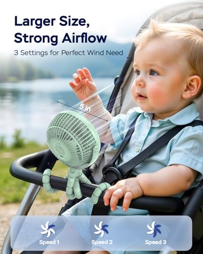 AMACOOL Baby Stroller Fan - 5000mAh Rechargeable, 3-Speed, Strong Yet Quiet, 360°Rotate Portable Clip on Fan for Travel, Car Seat, Crib, Bike, Treadmill, Beach Vacation Essentials - color: Green