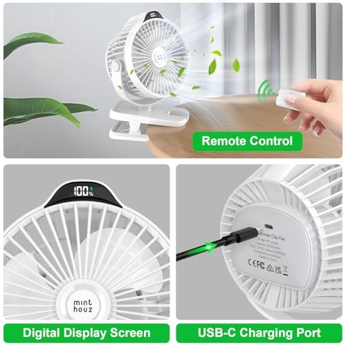 Minthouz 8000mAh Rechargeable Small Clip Fan with Battery Level Indicator | 8000mAh Battery Powered Fan with Remote, 720° Rotation Low Noise USB C Desk Fan for Outdoor Home/Office/Camping/Travel - color: White