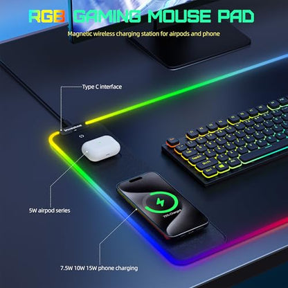 Wireless Charging RGB Gaming Mouse Pad, Mouse Mat with 15W Fast Charging, LED Large Gaming Mousepad with 15 Lights Modes, Ultra-Smooth Surface, Waterproof Non-Slip Desk Pad for Laptop, MacBook, PC