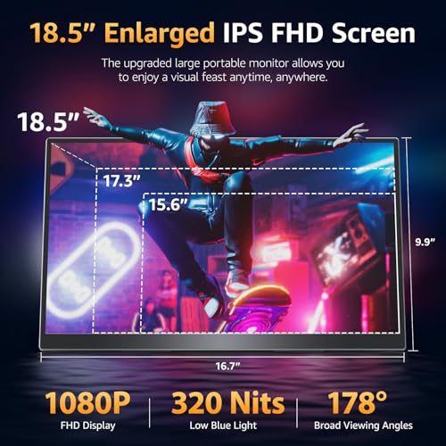 Upperizon Portable Monitor 18.5 inch FHD 125% sRGB 100Hz IPS HDR HDMI USB-C Travel Monitor for Laptop MacBook PC Surface PS5 Xbox, Large External Display with Kickstand & Speakers, VESA Compatible - size: 18.5 inch