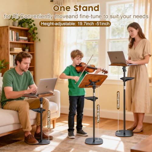 2 in 1 Dual-use Music Stand & Desktop Book Stand, Adjustable Height 16.5"-51", 100% Solid Wood Laptop Floor Stand Book Holder with Elastic Page Clips for Cookbooks (Black Walnut with Tray) - color: Black Walnut With Tray