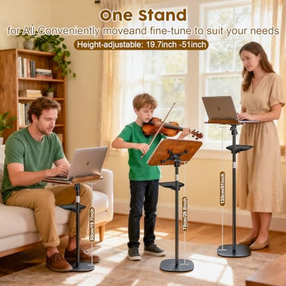2 in 1 Dual-use Music Stand & Desktop Book Stand, Adjustable Height 16.5"-51", 100% Solid Wood Laptop Floor Stand Book Holder with Elastic Page Clips for Cookbooks (Black Walnut with Tray) - color: Black Walnut With Tray