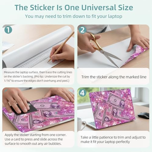 Universal Laptop Skin Decal, 3-Piece Vinyl Protector for 12 13 14 15.6" Notebook, Waterproof Anti-Scratch, Easy Trim & Bubble-Free Finish, Pink Glittering Dollar Bills - color: Pink Glittering Dollar Bills