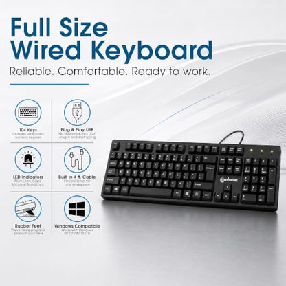 Manhattan Wired Computer Keyboard – Basic Black Keyboard - with 4.5ft USB-A Cable, 104-keys, Foldable Stands - Compatible for Windows, PC, Laptop - 3 Yr Mfg Warranty – 179324 - color: Black
