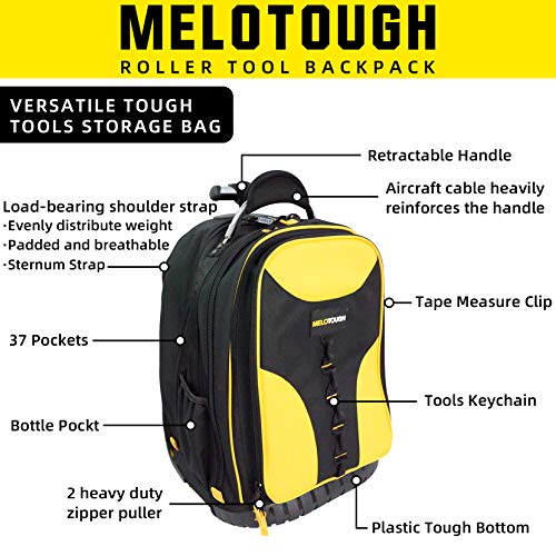MELOTOUGH Rolling Tool Backpack Laptop Sleeve Yellow | Heavy-Duty 600D, Water-Resistant, Padded Laptop Sleeve, Smooth Rolling Wheels & Telescoping Handle, Multiple Pockets - color: Yellow