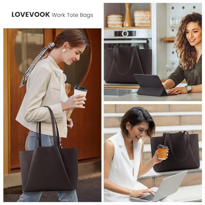 LOVEVOOK Laptop Tote for Women - 15.6 Inch Faux Leather Laptop Bag with Clutch, Large Capacity Office Purse Computer - color: Coffee, size: 15.6 inch