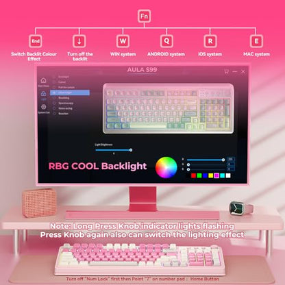 AULA 99 Key Keyboard, Wireless Pink Gaming Keyboard Creamy with Number Pad | Membrane Keyboard,RGB Backlit,Tri-Mode BT/2.4GHz/USB-C,2000mAh Rechargeable Thocky Clicky Creamy Sound Computer Keyboards - color: Pink