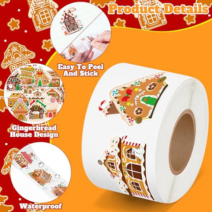 Haooryx Gingerbread House Sticker Rolls - 1000 Pcs Christmas Theme Gingerbread House Stickers with 16 Sweet Designs Fade-resistant Waterproof Gossy Decors for Festival Gift Party Supplies Water Bottle - style: Christmas Gingerbread House