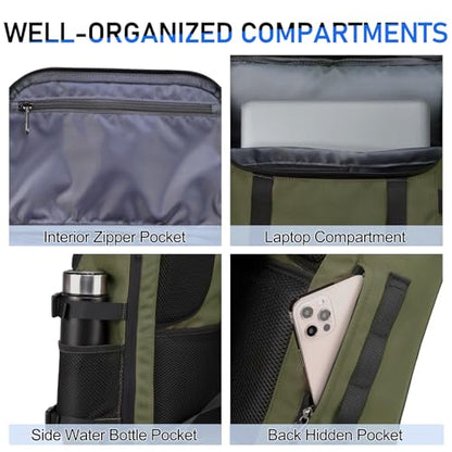 Kasqo Rolltop Backpack, Water-Resistant Backpack with Laptop Compartment for 15.6 Inch Computer Men Women 26L-33L Daypack - color: Military Green