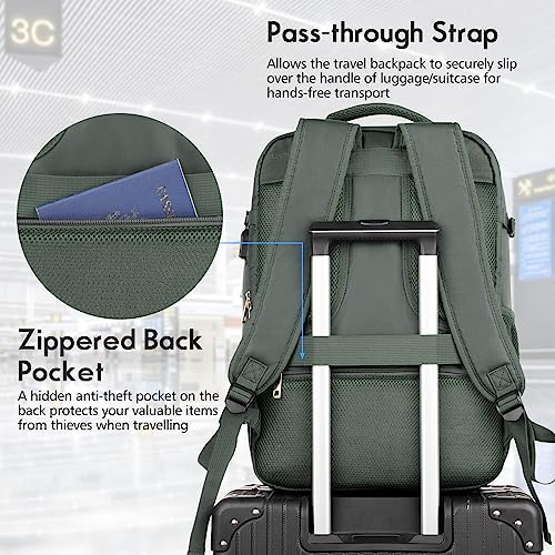 Large Travel Backpack Women, Flight Approved Carry On Backpack, Water Resistant Anti-Theft Large Casual Daypack Fit 17 Inch Laptop with USB Charging Port, Olive Green - color: Olive Green, size: 17.3 inch