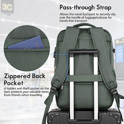 Large Travel Backpack Women, Flight Approved Carry On Backpack, Water Resistant Anti-Theft Large Casual Daypack Fit 17 Inch Laptop with USB Charging Port, Olive Green - color: Olive Green, size: 17.3 inch