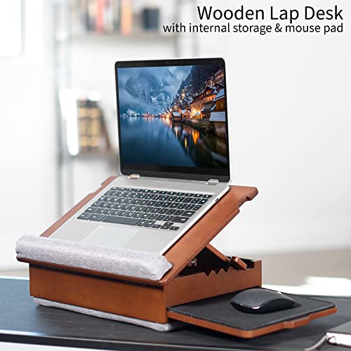 SideKiix Wooden Tilting Lap Desk for Writing, Drawing, Laptop Work, and More, Height Adjustable Compact Table with Slide-Out Mouse Pad, Internal Storage, Wrist Support, Dark Wood, SX-LAPD-1