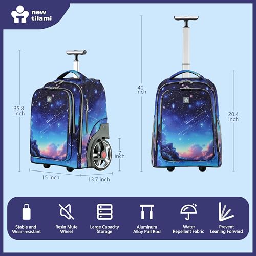 NEW TILAMI 20 Inch Rolling Backpack for School Stair-Climbing Big Wheel | Teen Boys Girls Carry-on Suitcase Large Organizer Compartment 15.6 Laptop Sleeve Adjustable Handle Roller Travel Bag College - color: Spacey Blue